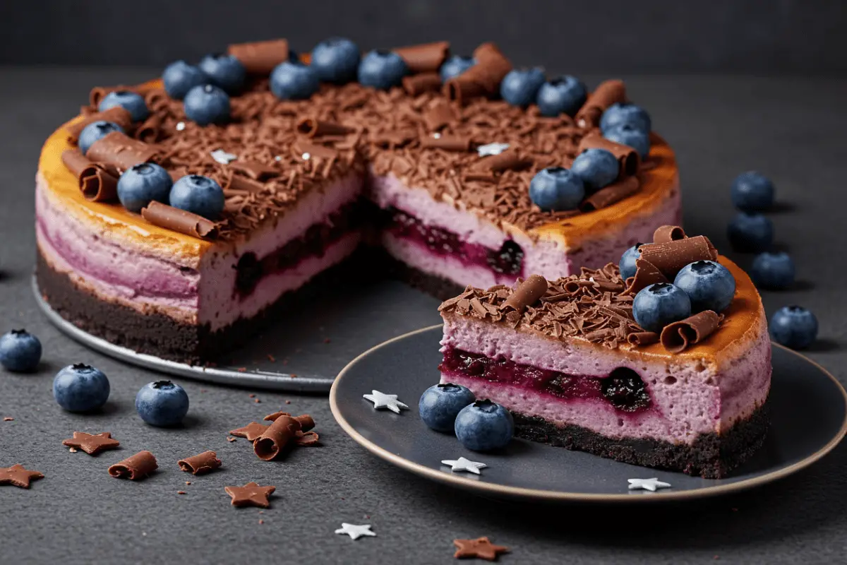 Ravenclaw dark chocolate and blueberry cheesecake with creamy swirls, fresh blueberries, and a golden crust, topped with silver sprinkles in a magical, wizarding-inspired setting