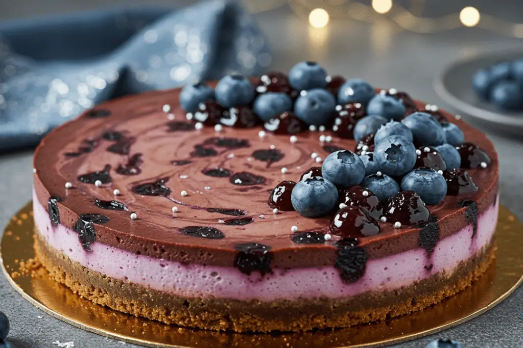 Ravenclaw dark chocolate and blueberry cheesecake with creamy swirls, fresh blueberries, and a golden crust, topped with silver sprinkles in a magical, wizarding-inspired setting