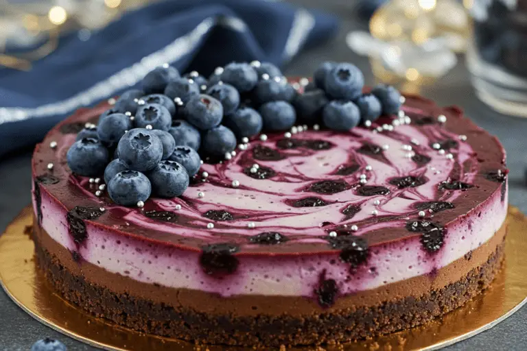 Ravenclaw dark chocolate and blueberry cheesecake with creamy swirls, fresh blueberries, and a golden crust, topped with silver sprinkles in a magical, wizarding-inspired setting