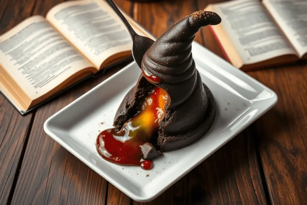 A Sorting Hat chocolate lava cake on a plate, with molten red filling oozing out, revealing the Hogwarts house surprise inside.