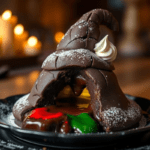 Rich chocolate lava cake shaped like the Sorting Hat, revealing a molten color-changing center in Hogwarts house colors. Lightly dusted with powdered sugar and served on an enchanted plate with warm candlelight in the background.