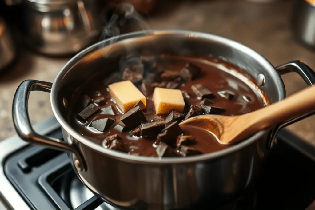 A double boiler with melted dark chocolate and butter being stirred into a smooth, glossy mixture for lava cakes.