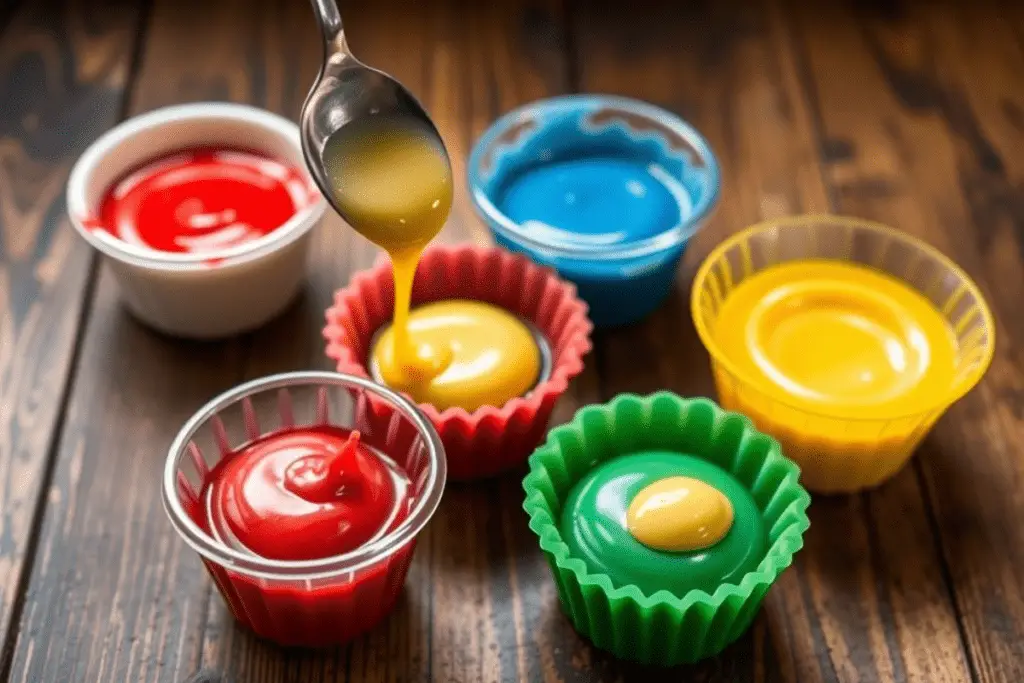 Four small bowls of colored lava cake filling in red, blue, green, and yellow, ready to be placed inside the chocolate batter.