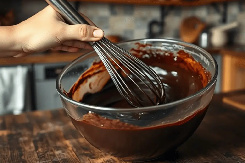 A mixing bowl with velvety chocolate lava cake batter, being poured into a Sorting Hat mold with a hidden colored center.