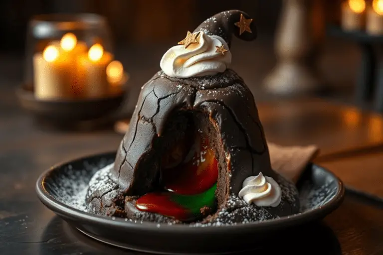 Decadent Sorting Hat chocolate lava cake with a molten color-changing center in Hogwarts house colors. Lightly dusted with powdered sugar and served on a rustic plate, set against a warm, magical backdrop.