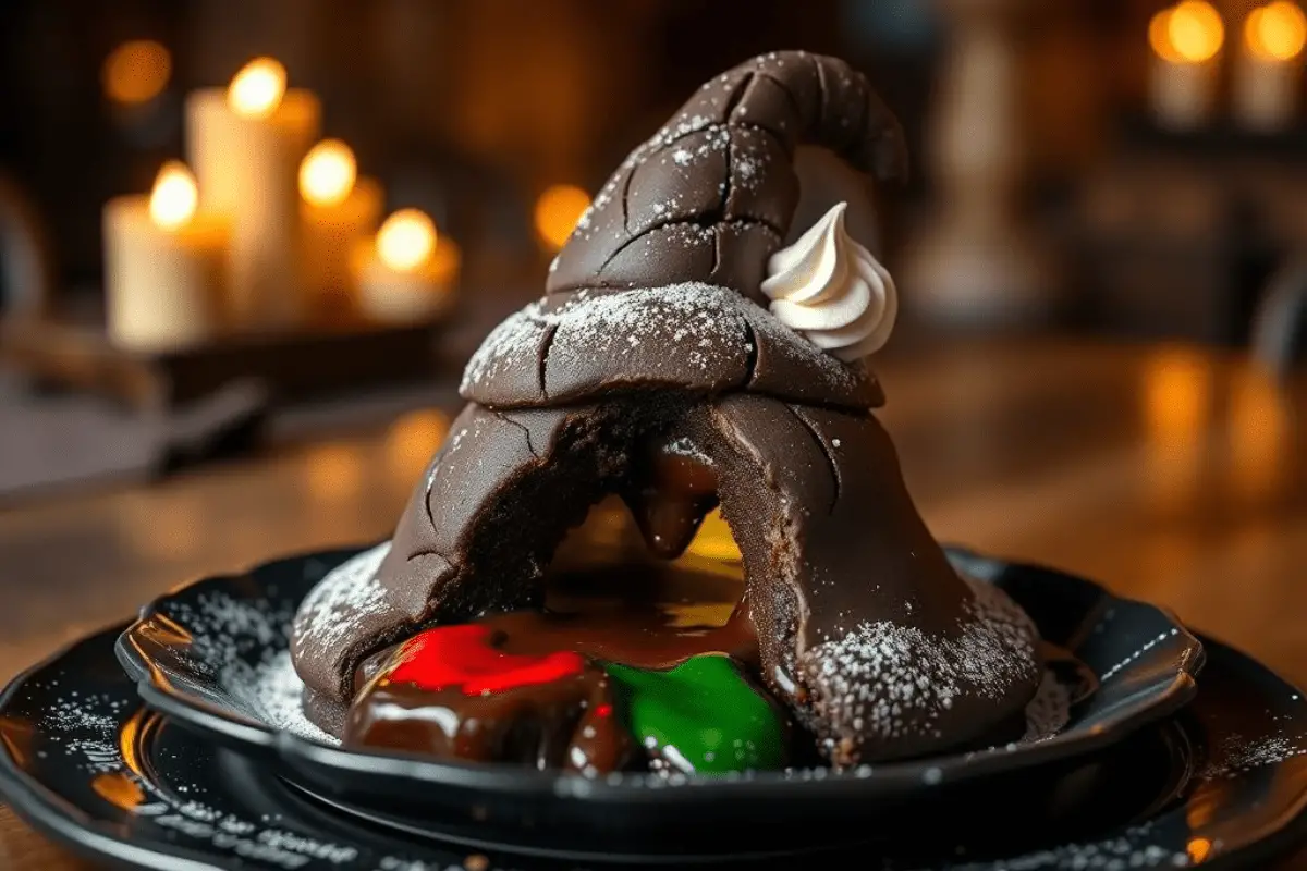 Rich chocolate lava cake shaped like the Sorting Hat, revealing a molten color-changing center in Hogwarts house colors. Lightly dusted with powdered sugar and served on an enchanted plate with warm candlelight in the background.