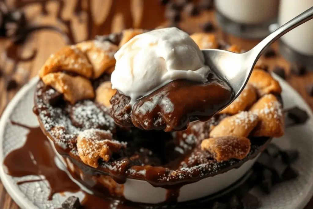 Warm Southern chocolate cobbler with a crisp crust and gooey chocolate center, served with melting vanilla ice cream. Dusted with powdered sugar and set in a cozy, rustic dessert setting.