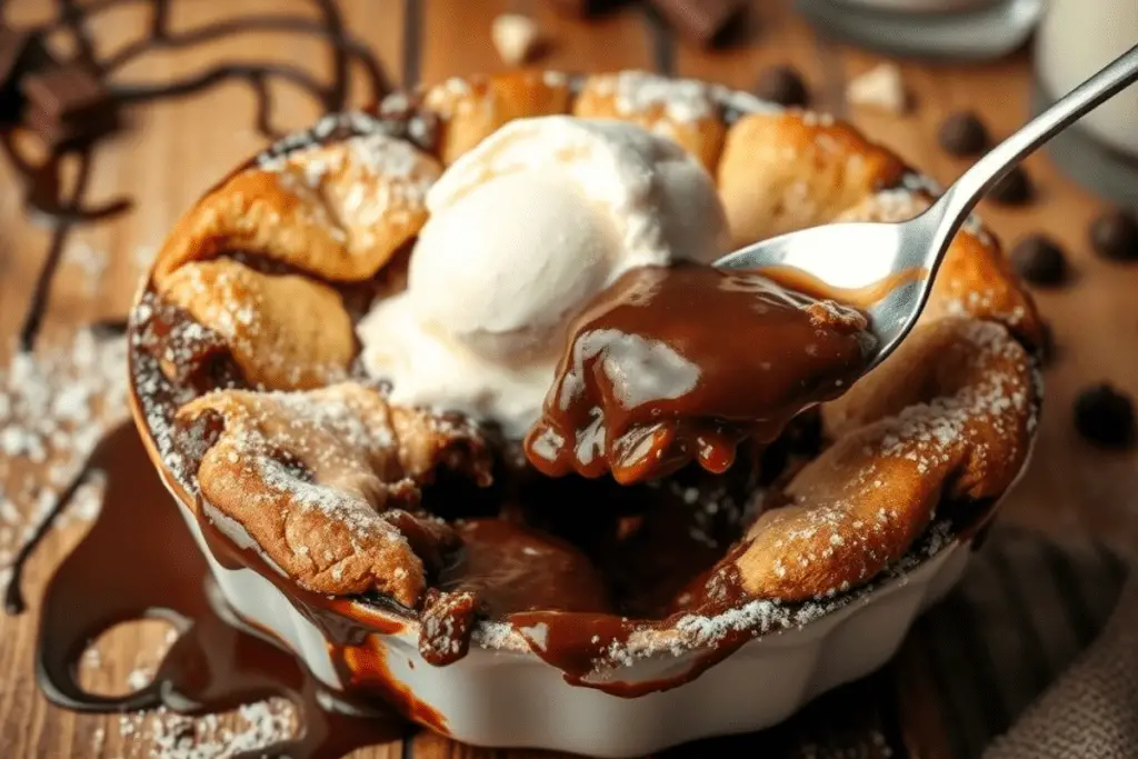 Warm Southern chocolate cobbler with a crisp, golden crust and gooey chocolate sauce, served with melting vanilla ice cream. Dusted with powdered sugar and set in a cozy, rustic dessert scene.