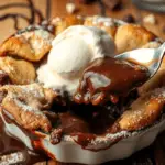 Warm Southern chocolate cobbler with a crisp, golden crust and gooey chocolate sauce, served with melting vanilla ice cream. Dusted with powdered sugar and set in a cozy, rustic dessert scene.