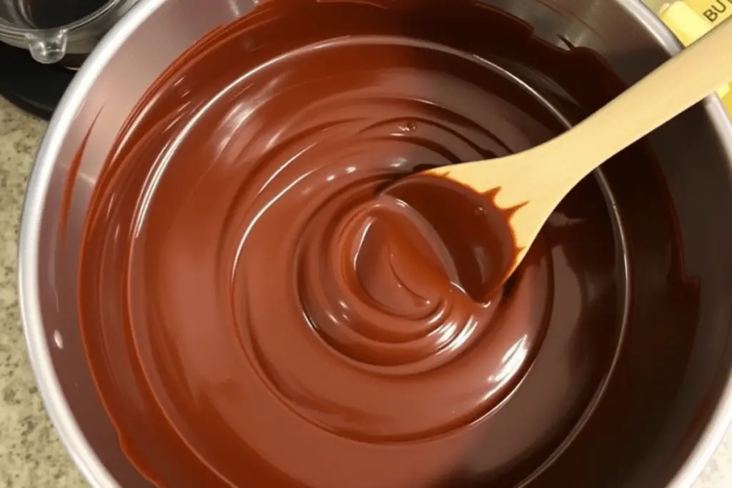 A bowl of rich chocolate batter being mixed, with a wooden spoon stirring the smooth, velvety texture.