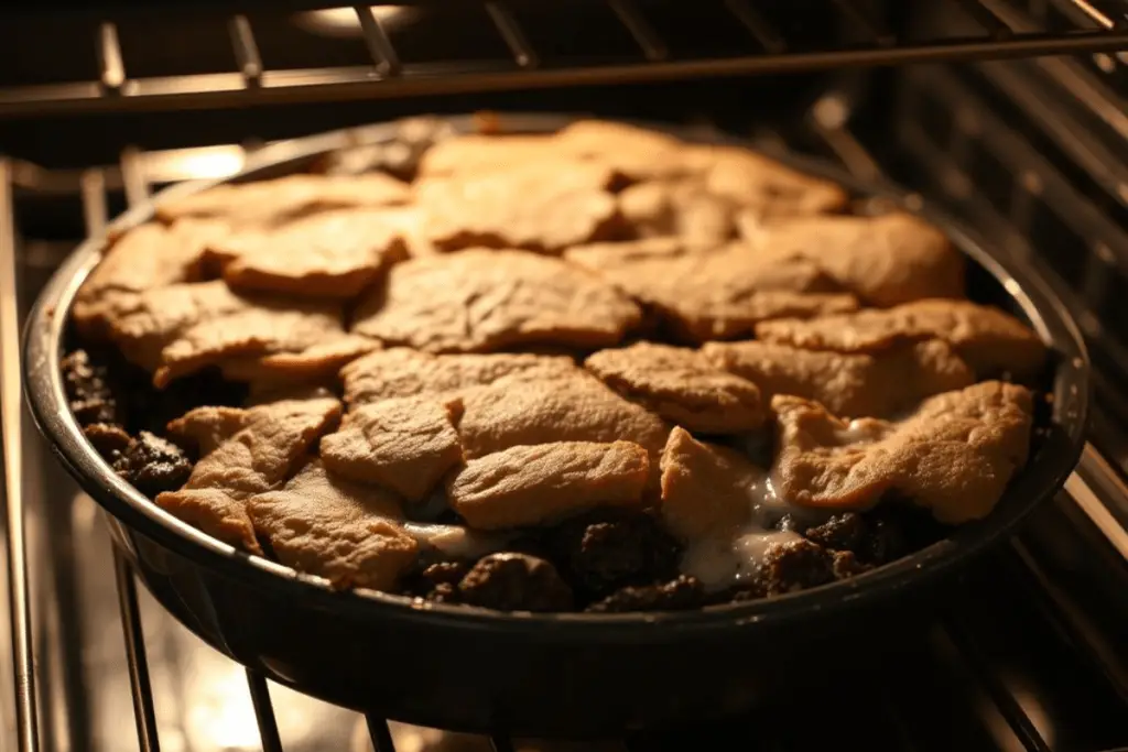 A warm Southern chocolate cobbler with a crispy top and gooey molten chocolate inside, being baked in an oven.