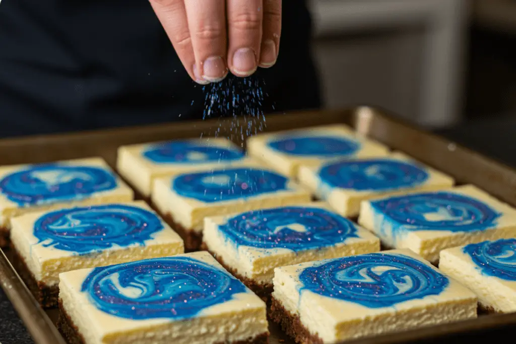 Edible glitter being added to the cheesecake bars for a shimmering starry sky effect that enhances their visual appeal.