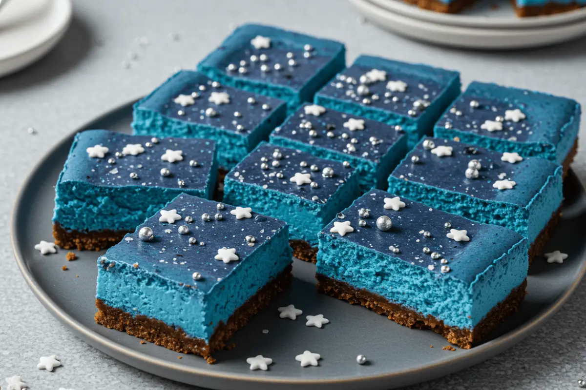 Starry Sky Blue Velvet Cheesecake Bars with a rich blue velvet cheesecake layer, graham cracker crust, and edible gold stars, set in a magical, celestial-themed setting with blueberries and soft lighting.