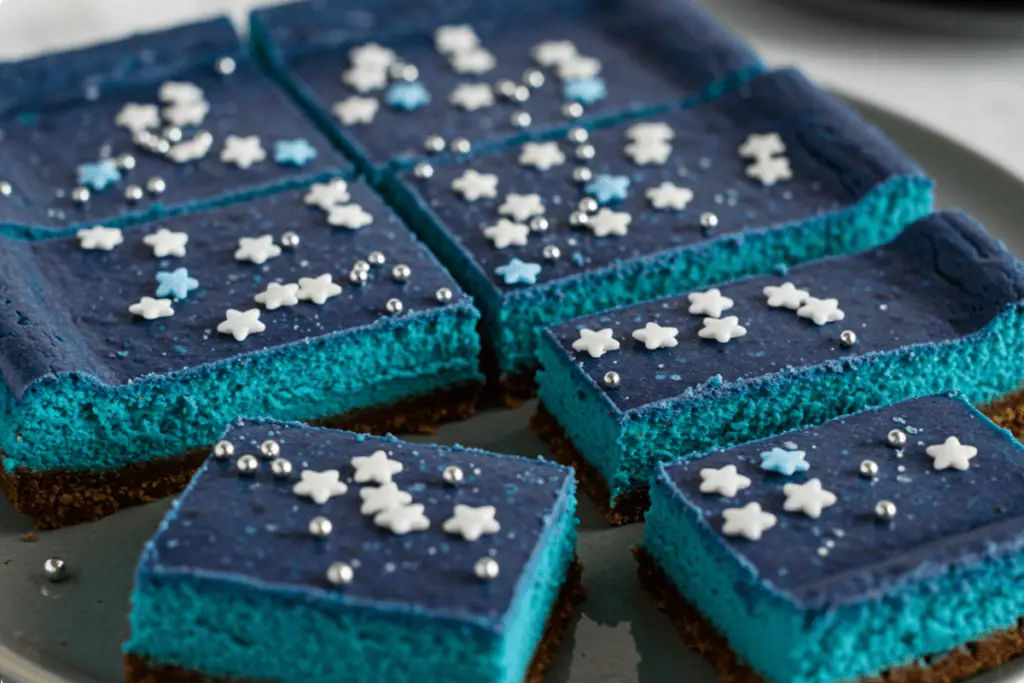 Star-shaped sprinkles and silver beads added to the cheesecake bars for a stunning celestial-themed decoration.