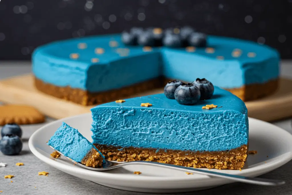 A stunning presentation of the Starry Sky Blue Velvet Cheesecake Bars, served on a starry-themed table with drinks and decor.