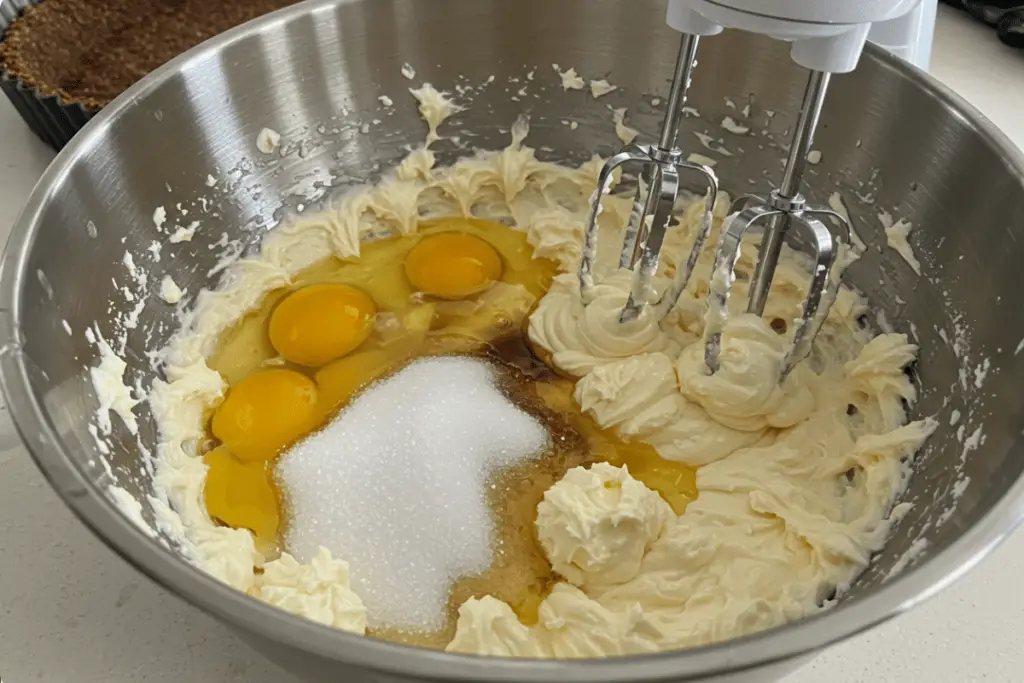 Cream cheese, sugar, and eggs being blended into a smooth cheesecake batter, ready to pour over the crust.