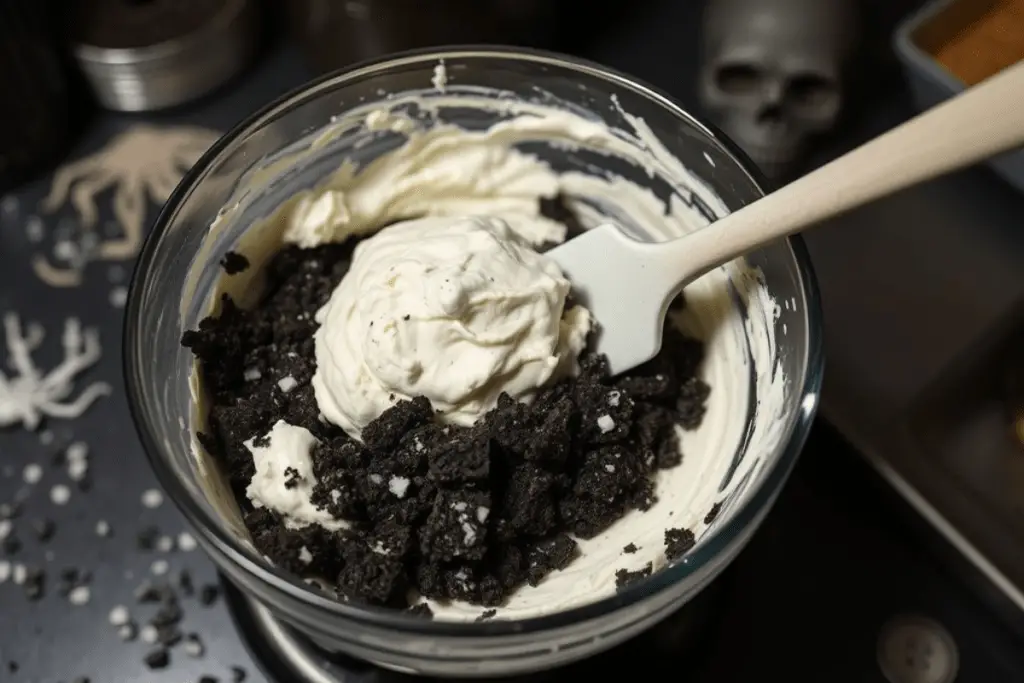 A bowl of crushed Oreo cookies being mixed with cream cheese, forming a smooth and moldable truffle dough.