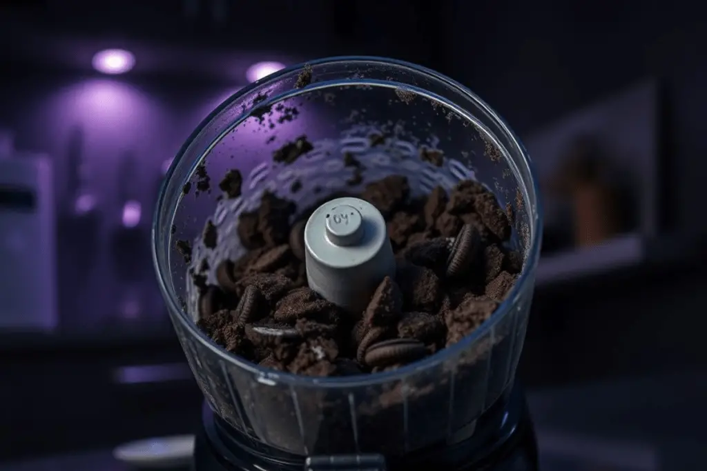 A food processor blending Oreo cookies into fine crumbs, creating a rich base for Ursula’s truffles.