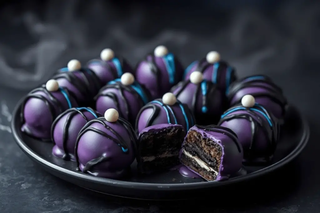 Deep purple Oreo truffles with a glossy chocolate coating, drizzled with black and blue chocolate and adorned with edible pearls. Set on a dark surface with moody lighting, evoking Ursula’s underwater lair.