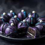 Deep purple Oreo truffles with a glossy chocolate coating, drizzled with black and blue chocolate and adorned with edible pearls. Set on a dark surface with moody lighting, evoking Ursula’s underwater lair.