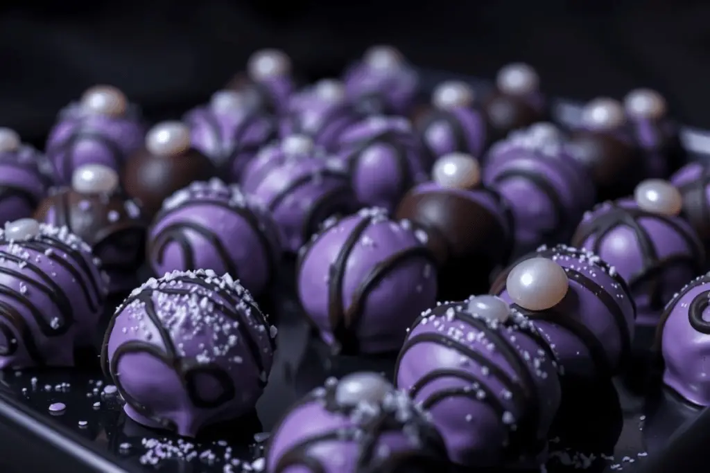 A tray of purple Oreo truffles decorated with black chocolate swirls and pearlescent shimmer, resembling Ursula’s magical touch.