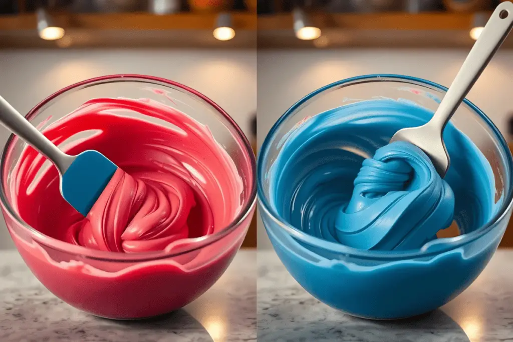 Two bowls of macaron batter, one red and one blue, being folded until smooth, ready for piping.