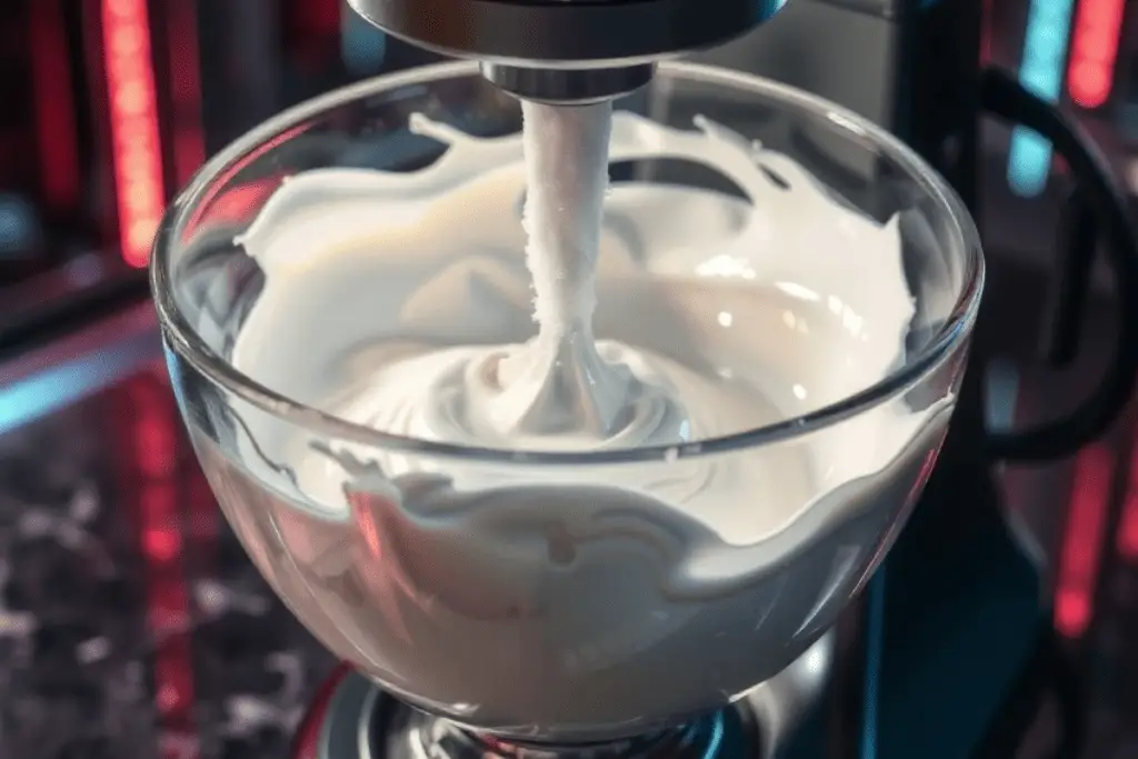 Egg whites being whipped into stiff, glossy peaks, forming the base for the macaron shells.