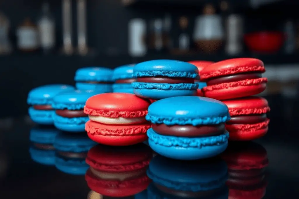 Red and blue macarons with glossy shells and creamy filling, arranged on a sleek black surface with a subtle green digital rain reflection, referencing The Matrix’s red pill and blue pill choice.