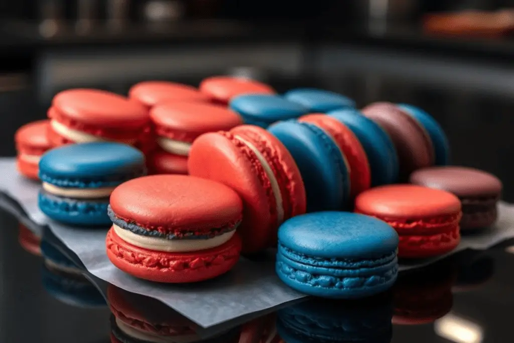 Red and blue macarons with glossy shells and creamy filling, arranged on a sleek black surface with a subtle green digital rain reflection, referencing The Matrix’s red pill and blue pill choice.