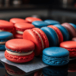 Red and blue macarons with glossy shells and creamy filling, arranged on a sleek black surface with a subtle green digital rain reflection, referencing The Matrix’s red pill and blue pill choice.