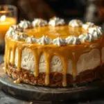 A creamy Butterbeer cheesecake with a butterscotch glaze dripping down the sides, topped with whipped cream and golden sugar pearls. Set on a rustic wooden table with warm candlelight, capturing the magic of the Harry Potter universe.