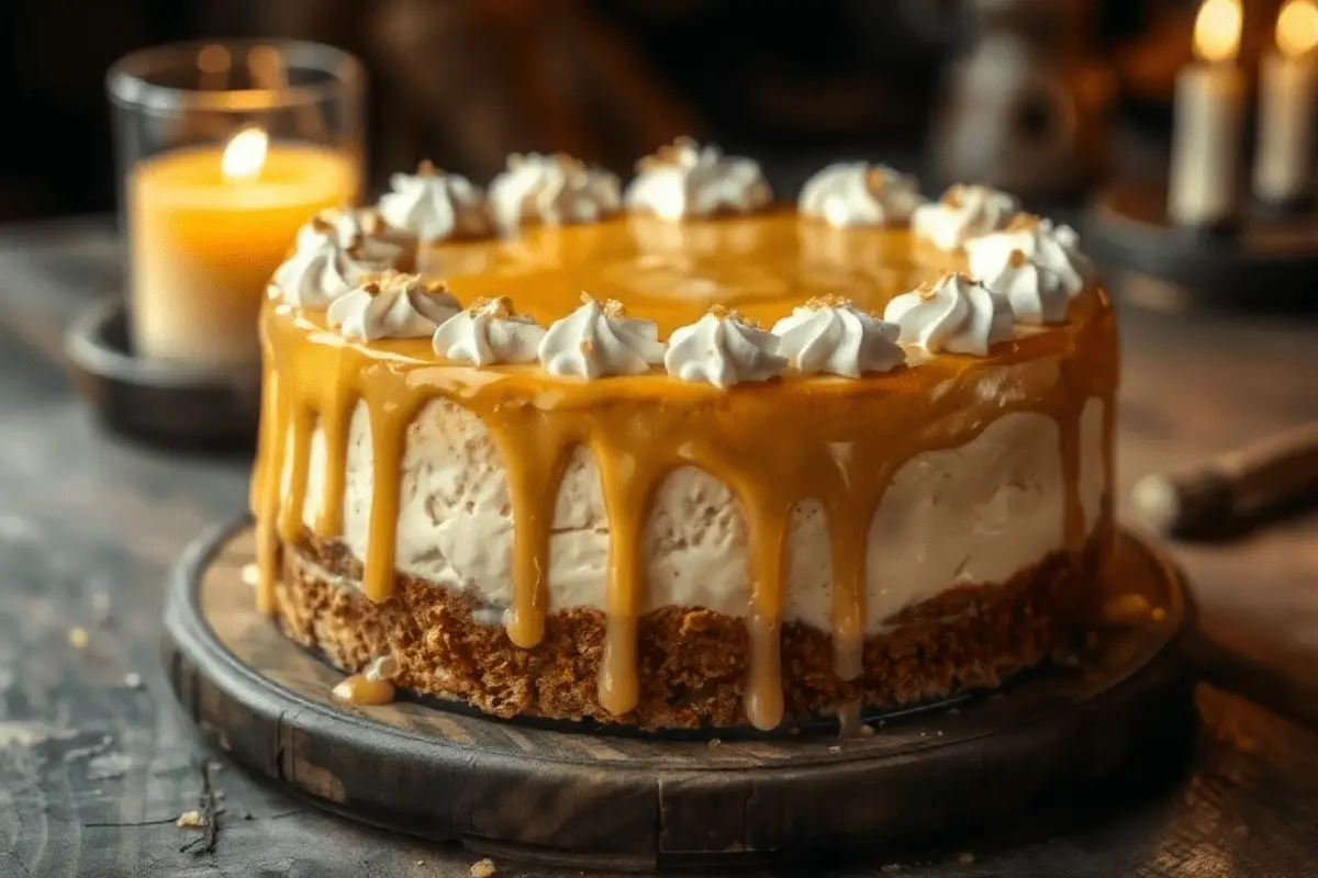 A creamy Butterbeer cheesecake with a butterscotch glaze dripping down the sides, topped with whipped cream and golden sugar pearls. Set on a rustic wooden table with warm candlelight, capturing the magic of the Harry Potter universe.