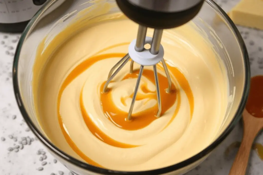 A mixing bowl with smooth Butterbeer cheesecake batter being blended with a hand mixer, infused with butterscotch and vanilla.