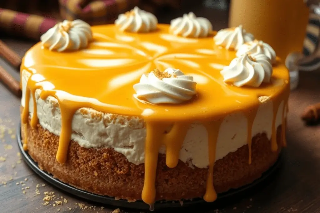 A Butterbeer cheesecake topped with butterscotch glaze, whipped cream, and gold sugar dust, styled with a magical touch.