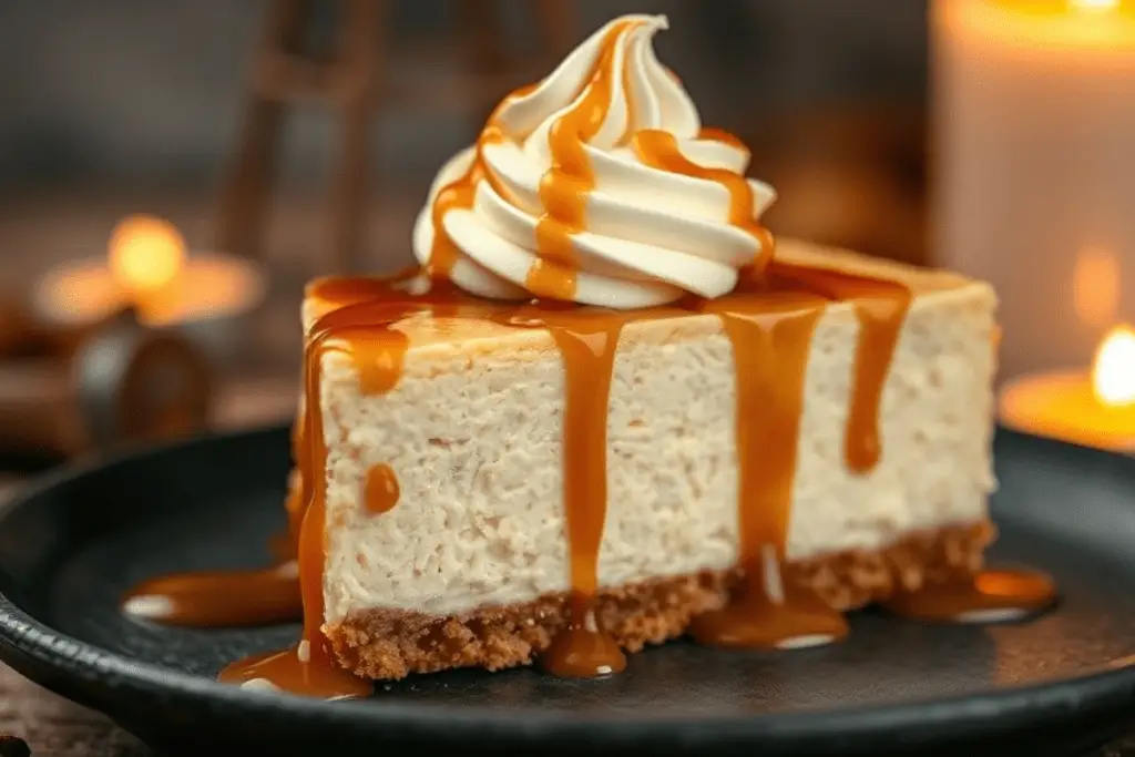 A Butterbeer cheesecake topped with butterscotch glaze, whipped cream, and gold sugar dust, styled with a magical touch.