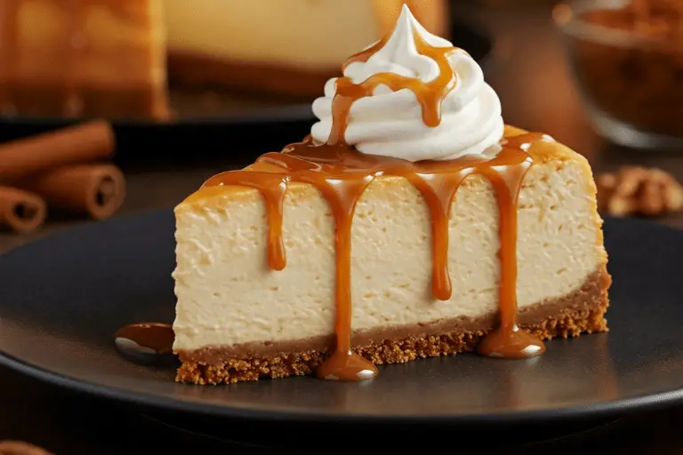 close-up shot of a slice of caramel cheesecake served on a dark, textured plate. The cheesecake has a classic light-colored filling with a golden-brown crust