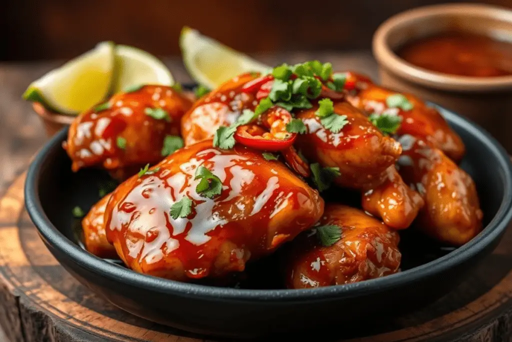 Juicy chipotle honey chicken with a smoky-sweet glaze, garnished with cilantro and red chili slices. Served with lime wedges and extra sauce on a rustic wooden plate with warm lighting.