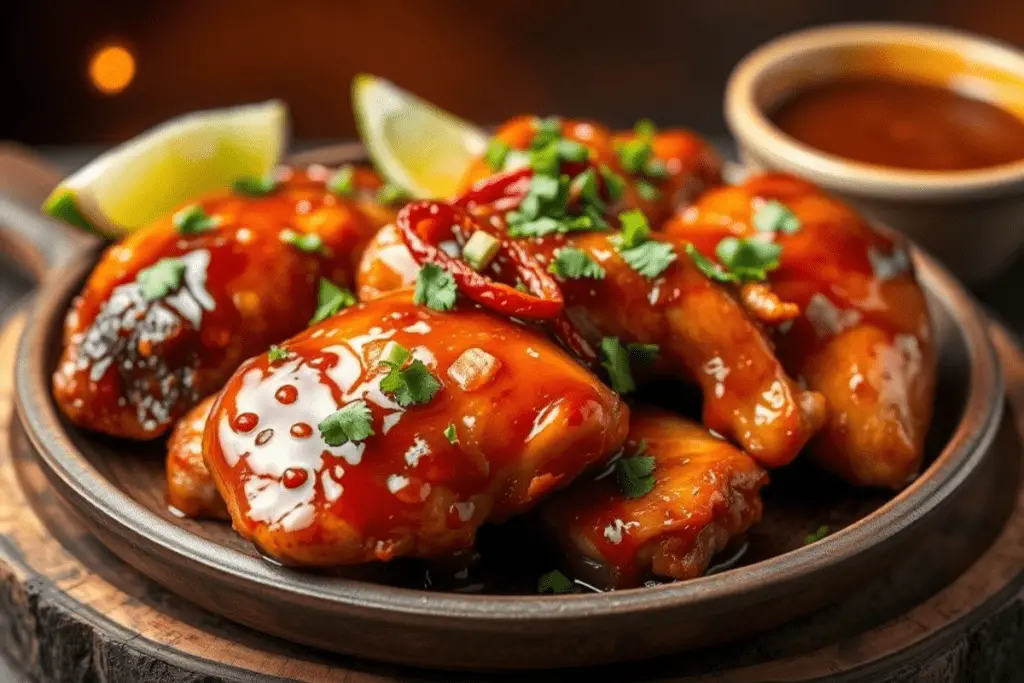 Juicy chipotle honey chicken with a smoky-sweet glaze, garnished with cilantro and red chili slices. Served with lime wedges and extra sauce on a rustic wooden plate with warm lighting.