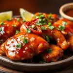 Juicy chipotle honey chicken with a smoky-sweet glaze, garnished with cilantro and red chili slices. Served with lime wedges and extra sauce on a rustic wooden plate with warm lighting.