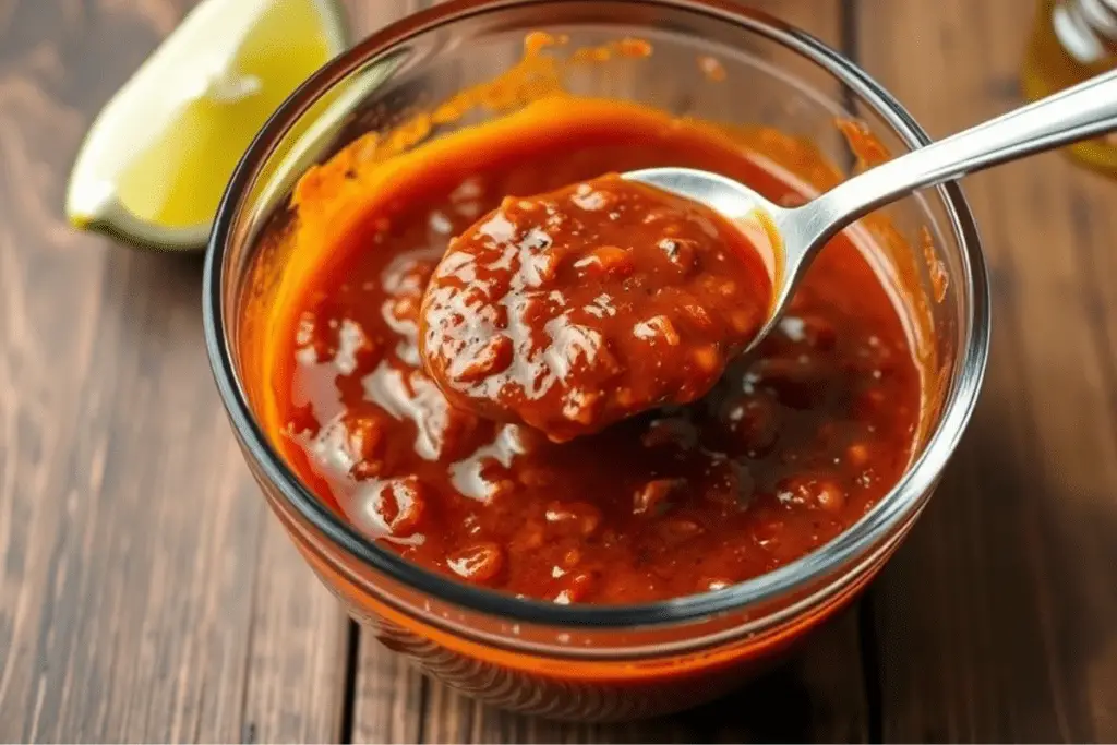 A bowl of rich chipotle honey marinade being stirred, with a deep reddish-brown color and a thick, glossy texture.