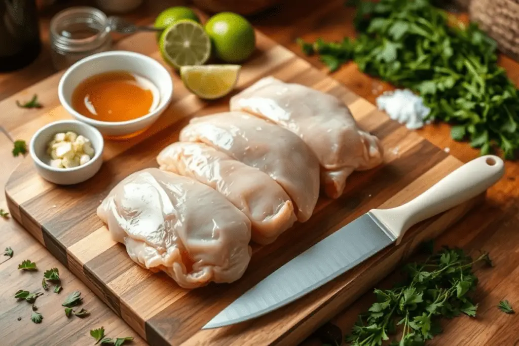 A countertop with raw chicken, honey, chipotle peppers, garlic, lime, and spices, ready for making homemade chipotle honey chicken.