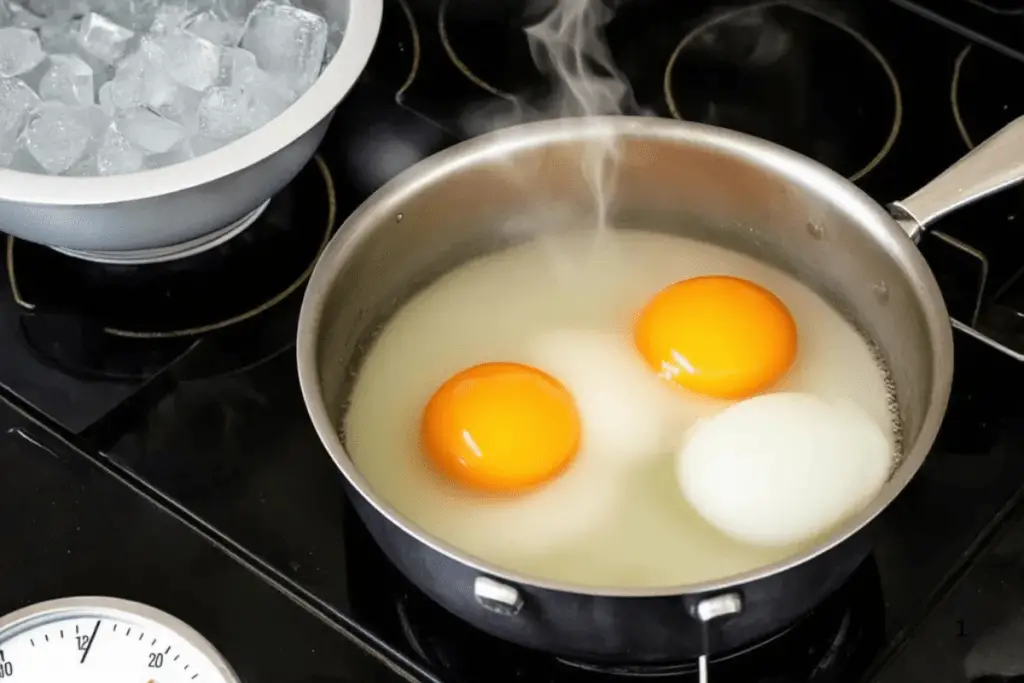 A pot of boiling eggs on the stove, with an ice water bath nearby to cool them for easy peeling.