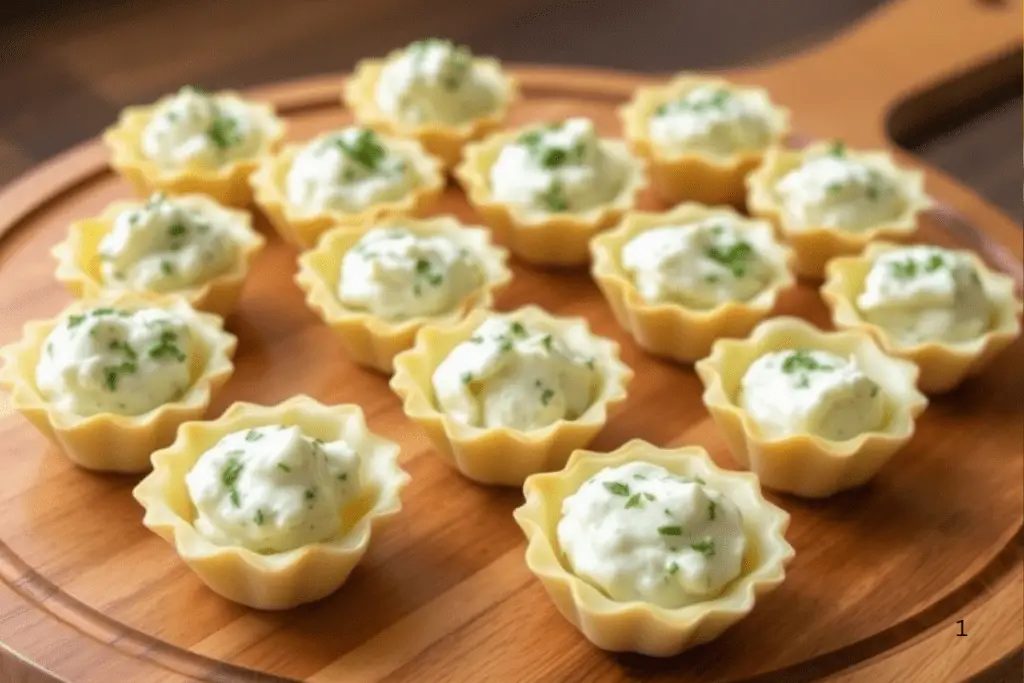 A wooden platter with golden puff pastry shells filled with creamy herb cheese, ready for fresh vegetable toppings.

