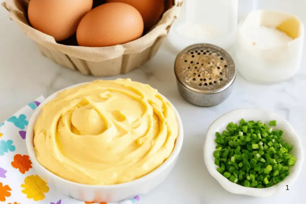 A kitchen counter with eggs, mayonnaise, mustard, and spices, ready to make cute Easter deviled egg chicks.