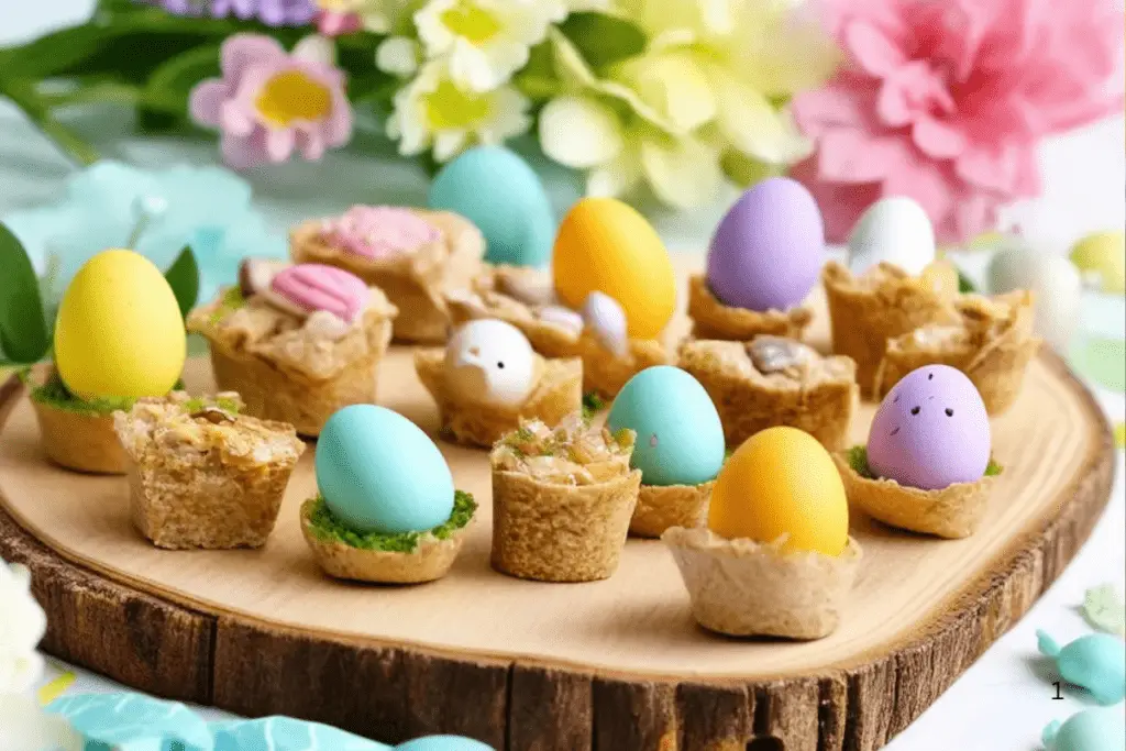 A beautifully arranged Easter appetizer platter with colorful vegetable-topped puff pastry bites, perfect for spring celebrations.

