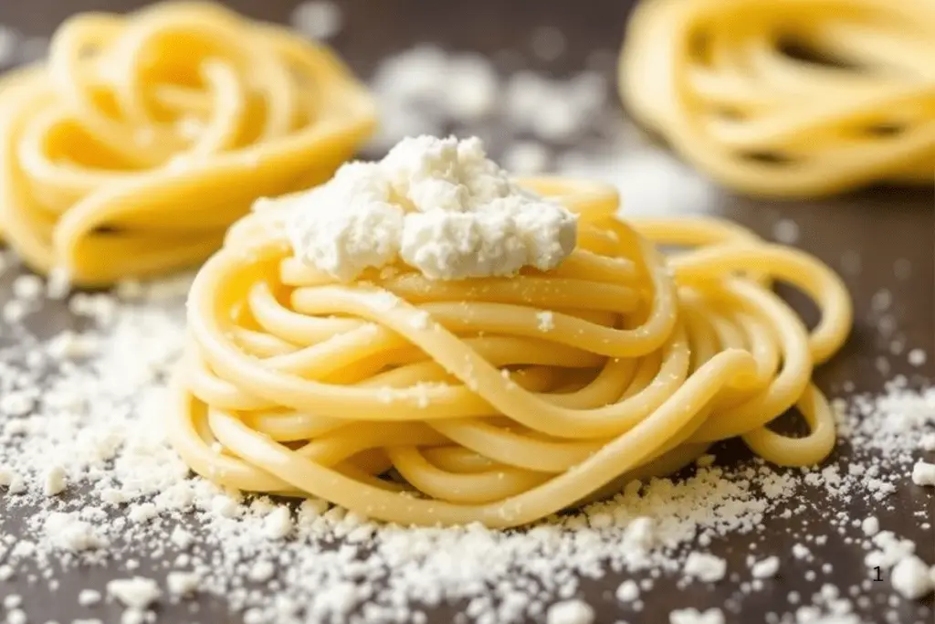 A rustic kitchen setup with fresh pasta dough being rolled out, hand-cut fettuccine nests, and golden spaghetti strands from a pasta machine. Flour-dusted countertop with eggs and olive oil in a warm, inviting setting.