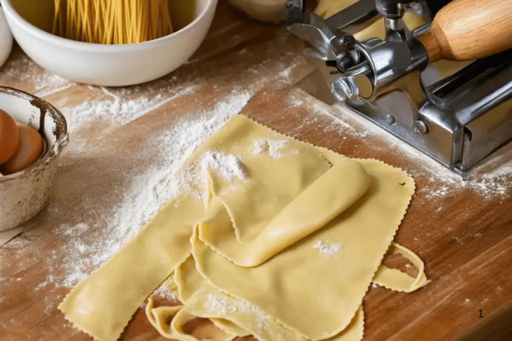 A rustic wooden surface with flour and eggs being mixed together to form fresh pasta dough.