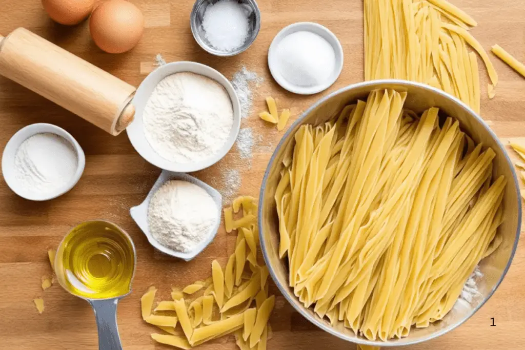 reshly cut pasta shapes, including fettuccine and ravioli, dusted with flour on a wooden board.