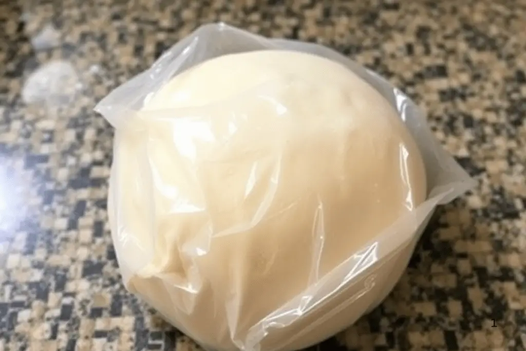 neatly wrapped pasta dough ball resting on a kitchen counter, allowing the gluten to develop.