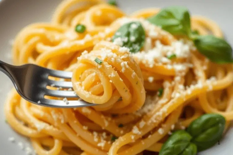 A plate of fresh homemade pasta with a light sauce, Parmesan cheese, and fresh basil, ready to serve.